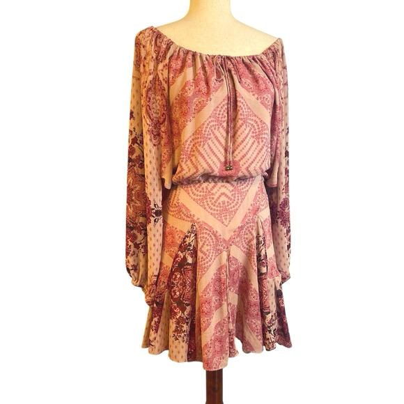 Free People Seven Wonders Mini Dress Long Sleeve Dusty Rose Combo Large NWT - Picture 8 of 11